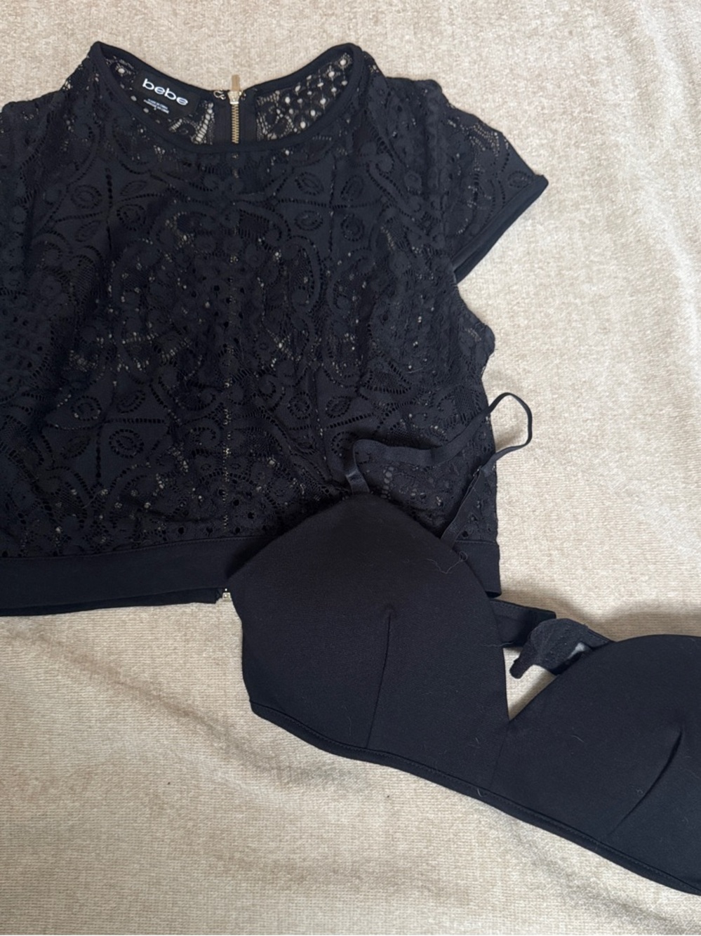 bebe Black Lace Crop Top with Black Padded Bra Set